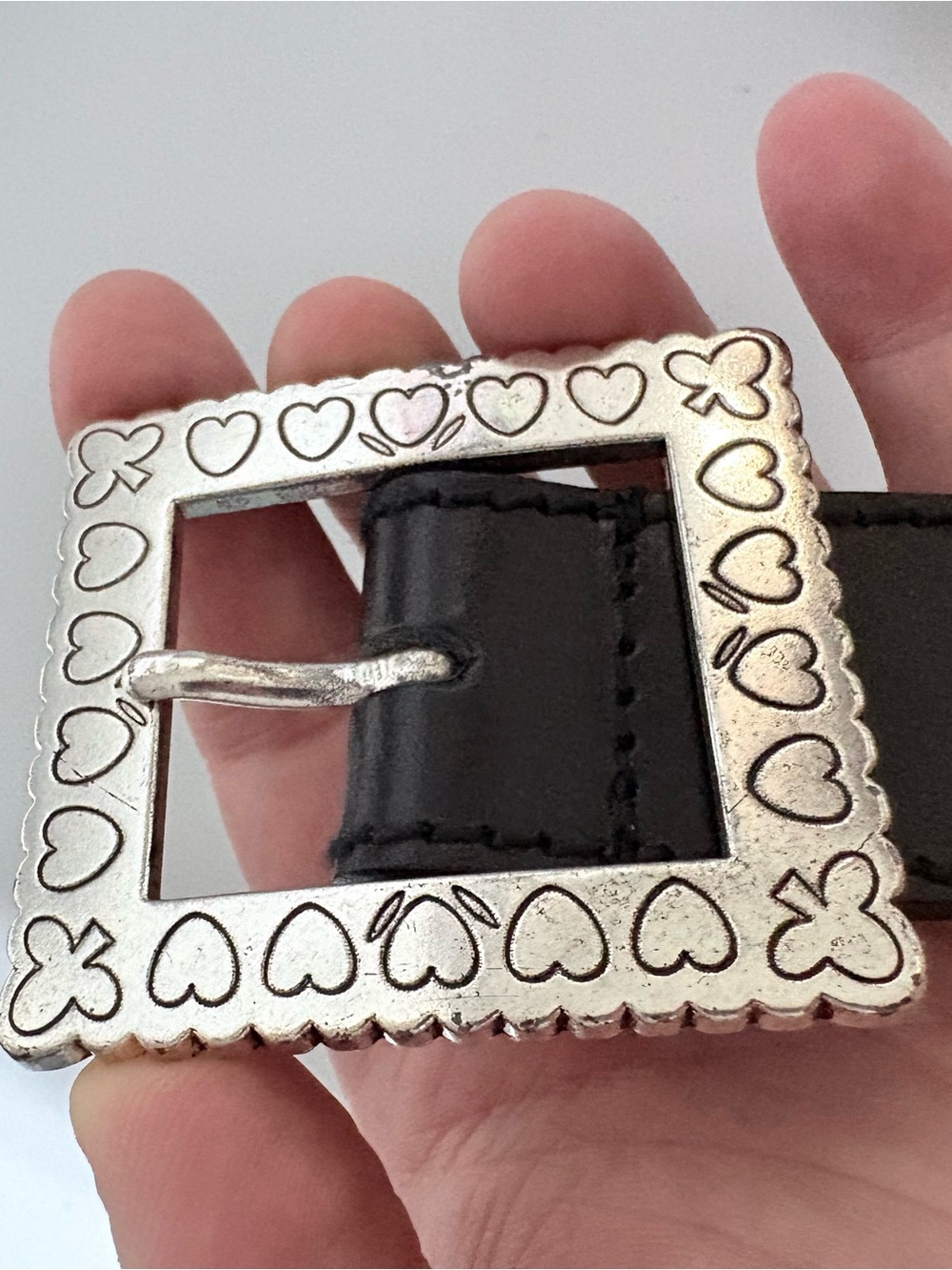 Vintage Liz Claiborne Black Leather Belt with Silver Heart-Engraved Buckle Euc